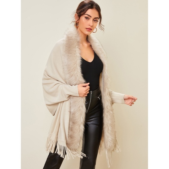 Fur and Fringe Detail Open Beige Cardigan - Picture 2 of 11